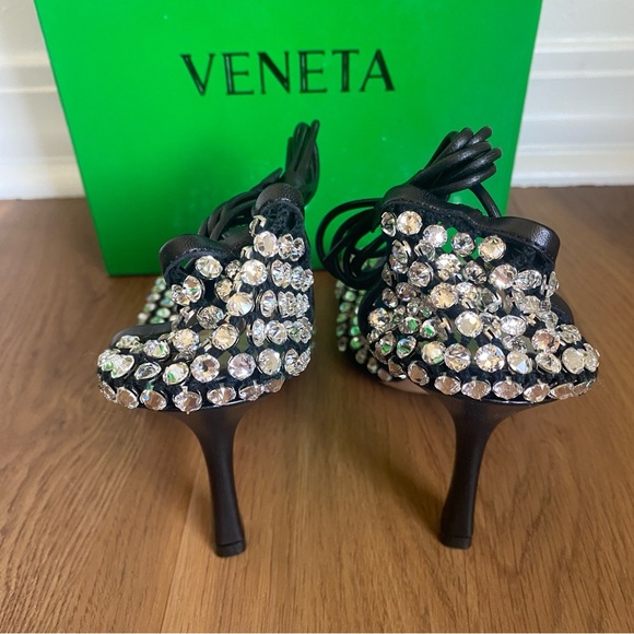 Ela Bottega Veneta Sparkle Stretch Lace-Up‎ Sandal Heels Black 35.5/5.5